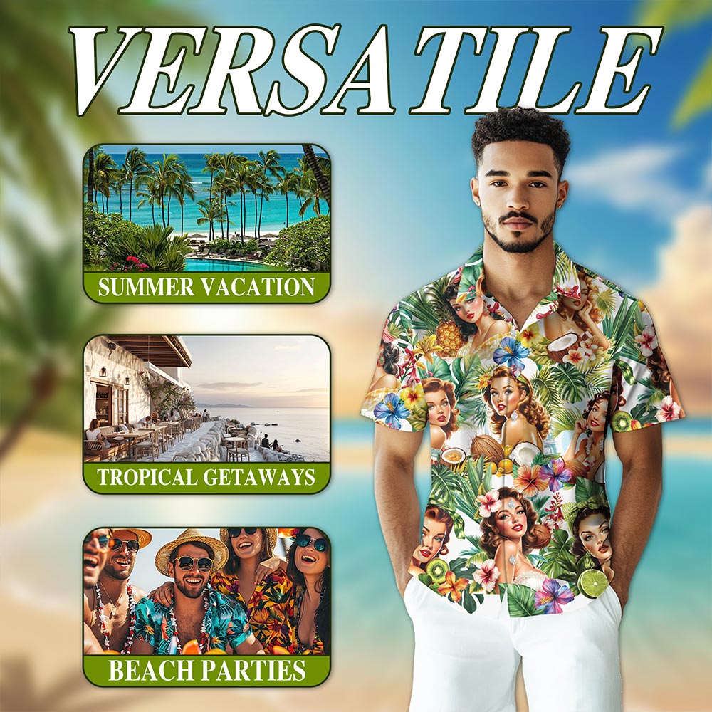 Tropical Pinup Girl Hawaiian Shirt for Men, Button Down Aloha Shirt - Azhawaiian