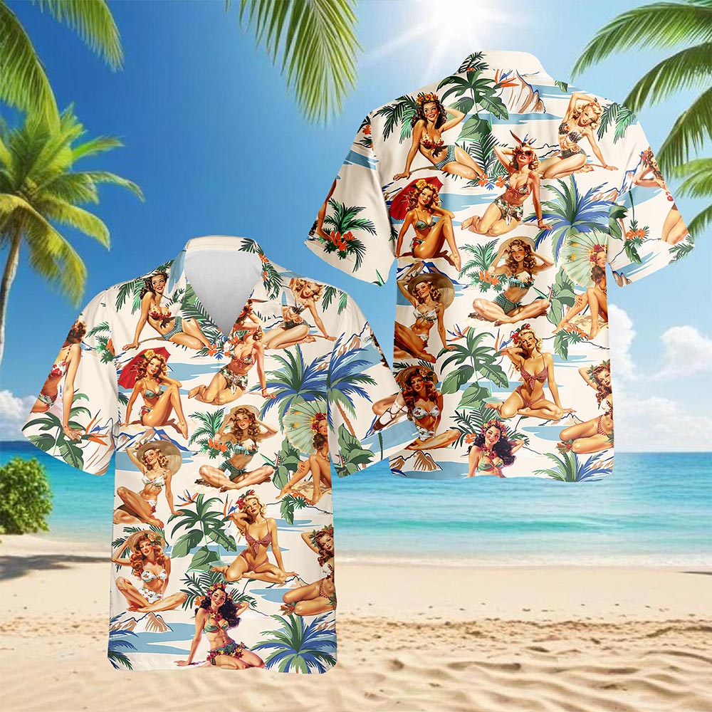 Tropical Pinup Girls Hawaiian Shirt for Men, Button Down Aloha Shirt - Azhawaiian