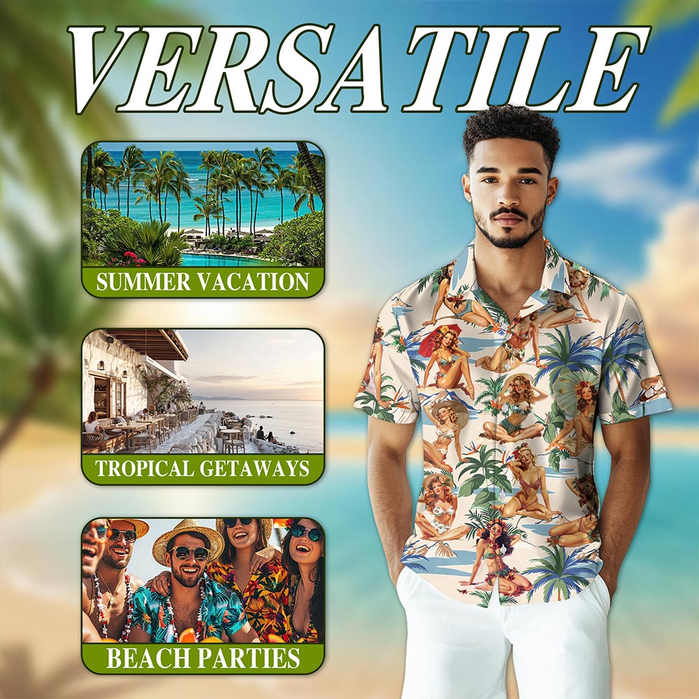 Tropical Pinup Girls Hawaiian Shirt for Men, Button Down Aloha Shirt - Azhawaiian