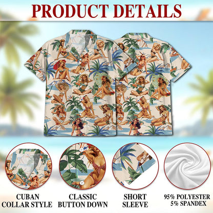 Tropical Pinup Girls Hawaiian Shirt for Men, Button Down Aloha Shirt - Azhawaiian