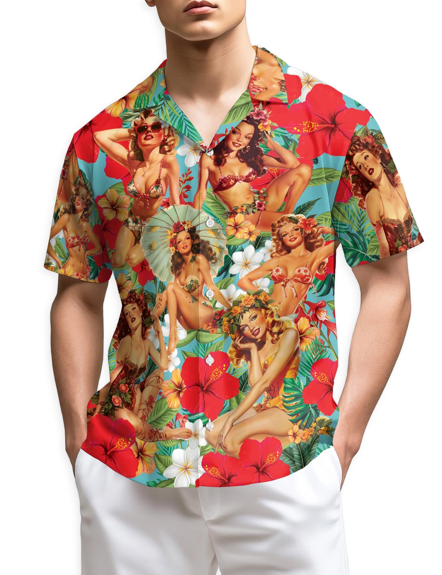 Tropical Pinup Girls Hawaiian Shirt for Men, Button Down Aloha Shirt - Azhawaiian