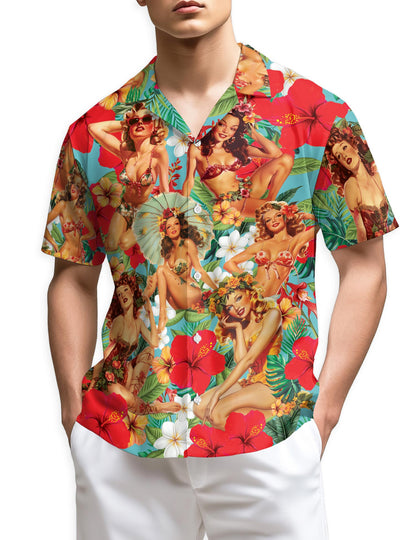 Tropical Pinup Girls Hawaiian Shirt for Men, Button Down Aloha Shirt - Azhawaiian