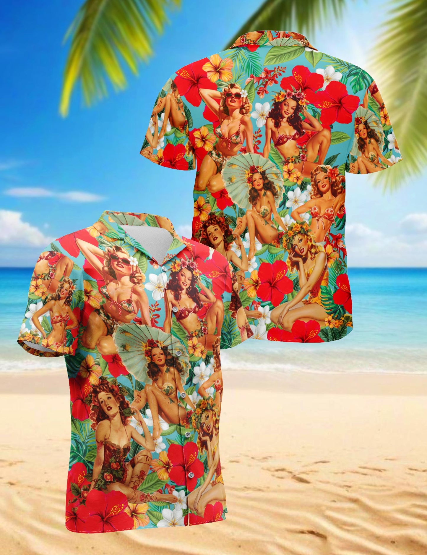 Tropical Pinup Girls Hawaiian Shirt for Men, Button Down Aloha Shirt - Azhawaiian