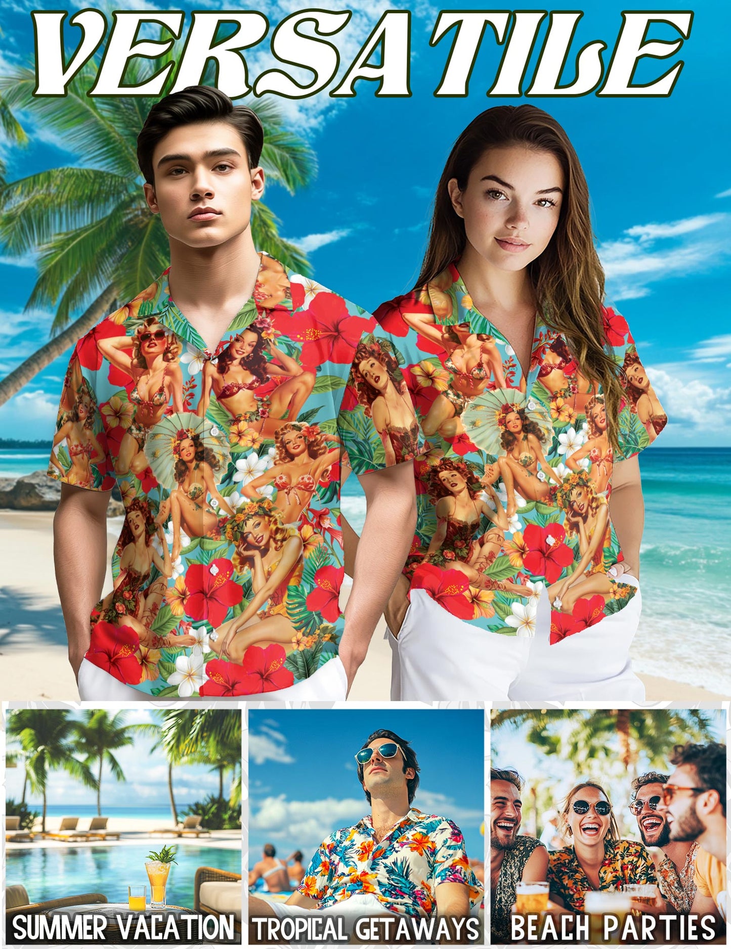 Tropical Pinup Girls Hawaiian Shirt for Men, Button Down Aloha Shirt - Azhawaiian