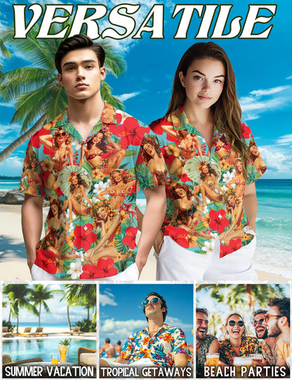 Tropical Pinup Girls Hawaiian Shirt for Men, Button Down Aloha Shirt - Azhawaiian