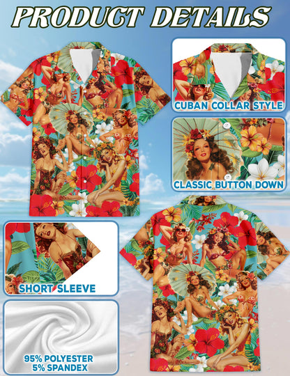 Tropical Pinup Girls Hawaiian Shirt for Men, Button Down Aloha Shirt - Azhawaiian