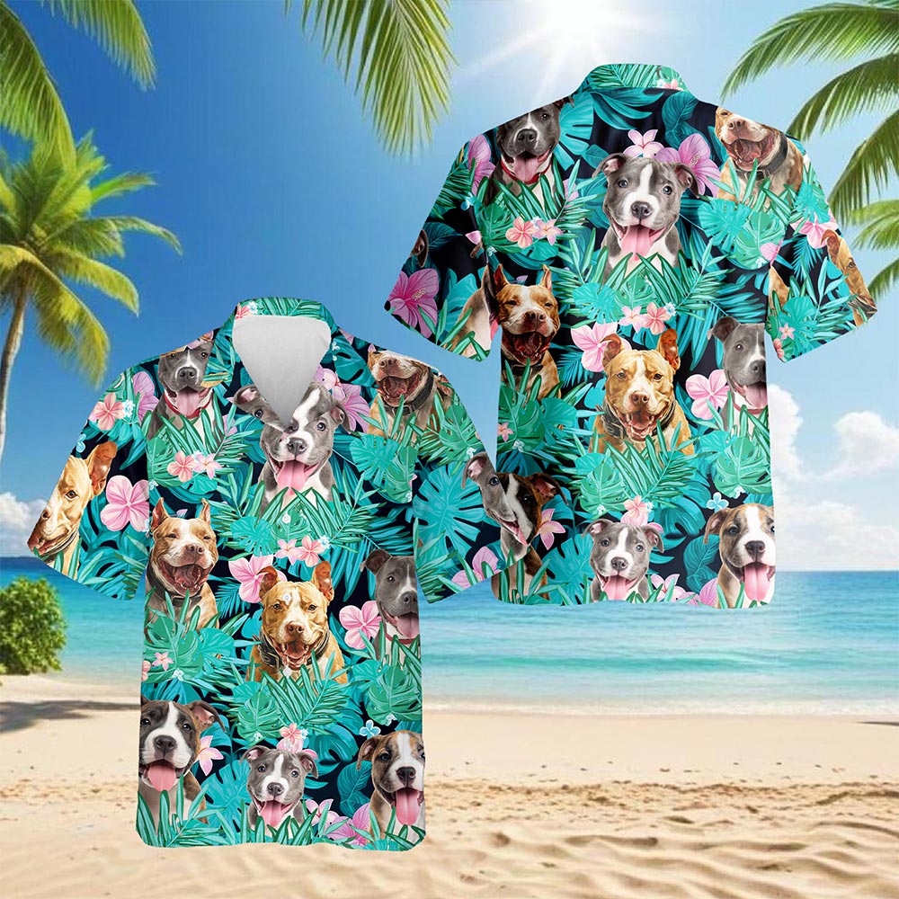 Tropical Pitbull Hibiscus Hawaiian Shirt for Men, Button Down Aloha Shirt - Azhawaiian