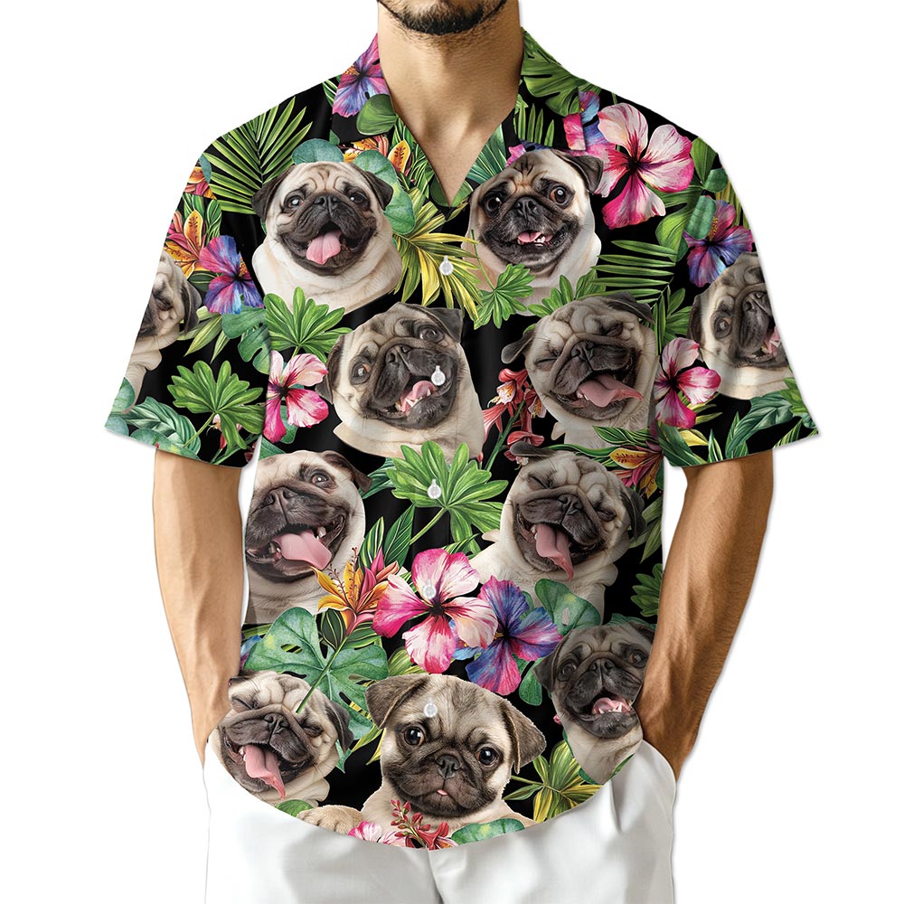 Tropical Pug Hawaiian Shirt for Men, Button Down Aloha Shirt - Azhawaiian
