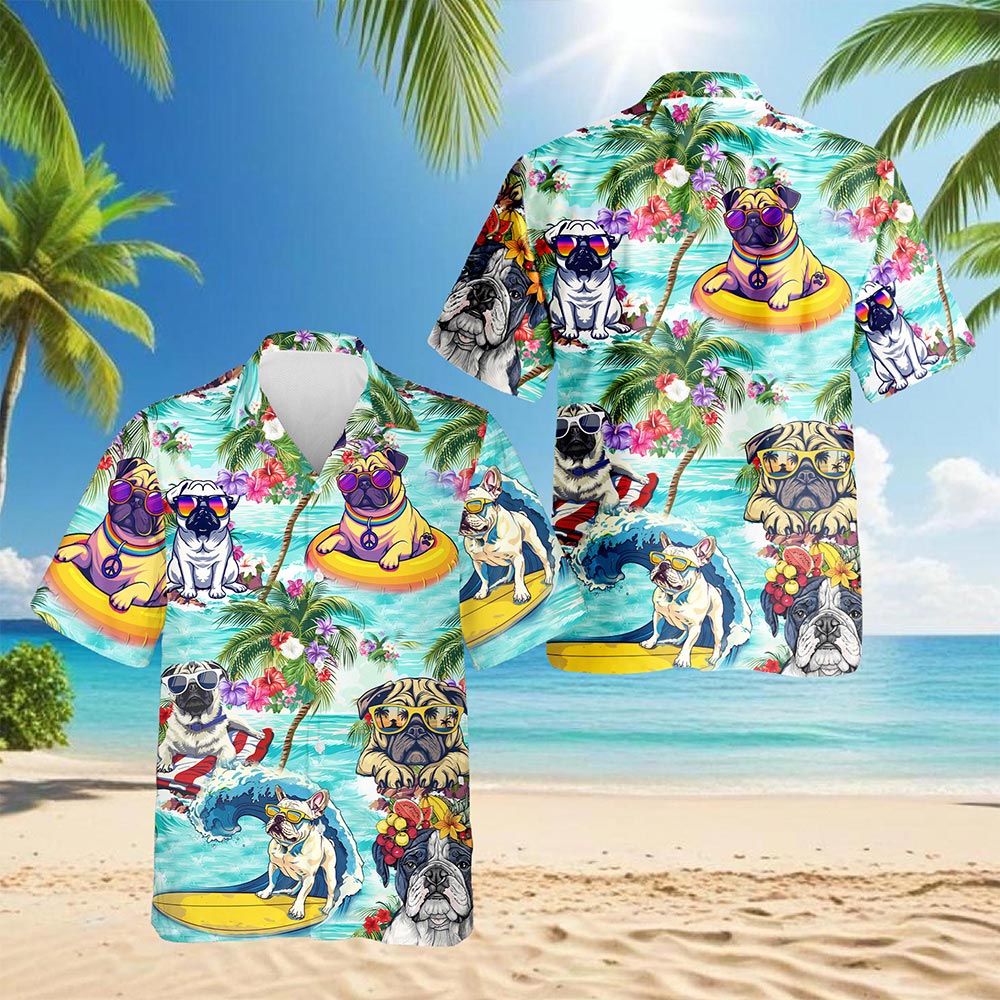 Tropical Pug Hawaiian Shirt for Men, Button Down Aloha Shirt - Azhawaiian