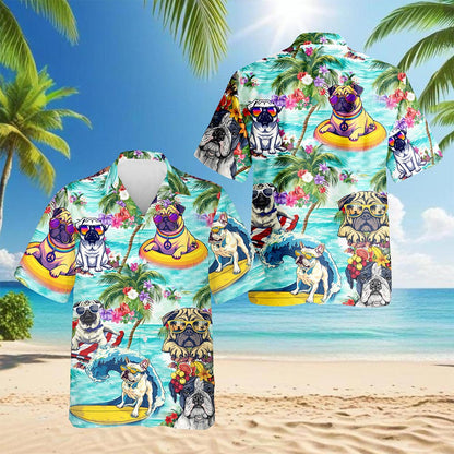 Tropical Pug Hawaiian Shirt for Men, Button Down Aloha Shirt - Azhawaiian