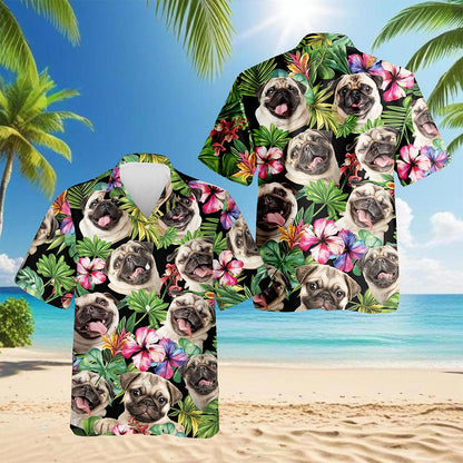 Tropical Pug Hawaiian Shirt for Men, Button Down Aloha Shirt - Azhawaiian