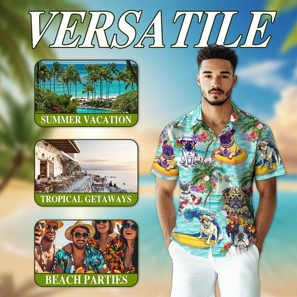 Tropical Pug Hawaiian Shirt for Men, Button Down Aloha Shirt - Azhawaiian