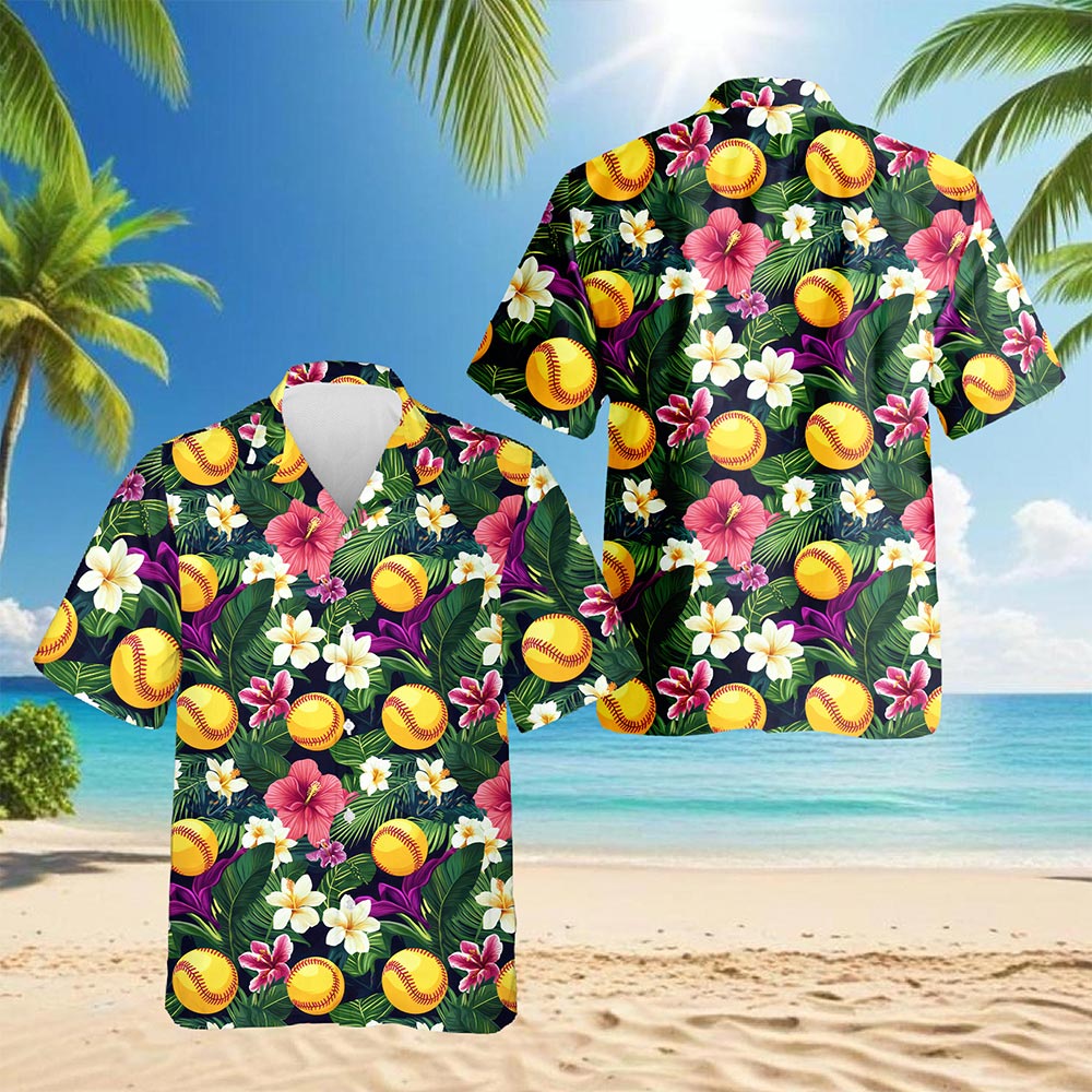 Tropical Softball Hawaiian Shirt for Men, Button Down Aloha Shirt - Azhawaiian