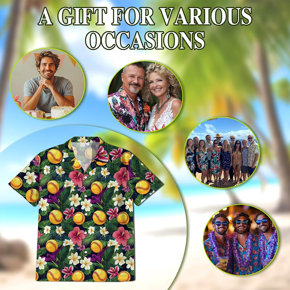 Tropical Softball Hawaiian Shirt for Men, Button Down Aloha Shirt - Azhawaiian
