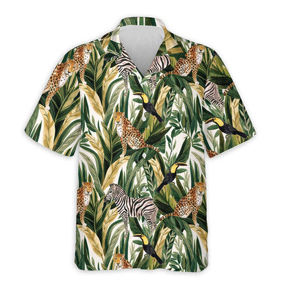 Tropical Summer Wild Animals Plants Hawaiian Shirt for Men, Button Down Aloha Shirt - Azhawaiian