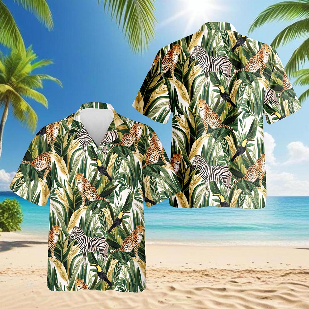Tropical Summer Wild Animals Plants Hawaiian Shirt for Men, Button Down Aloha Shirt - Azhawaiian