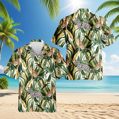 Tropical Summer Wild Animals Plants Hawaiian Shirt for Men, Button Down Aloha Shirt - Azhawaiian