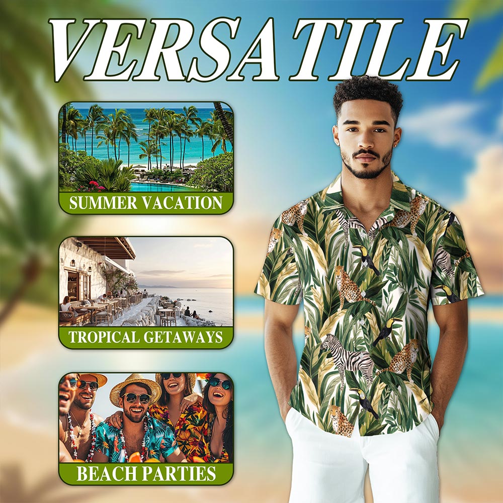 Tropical Summer Wild Animals Plants Hawaiian Shirt for Men, Button Down Aloha Shirt - Azhawaiian