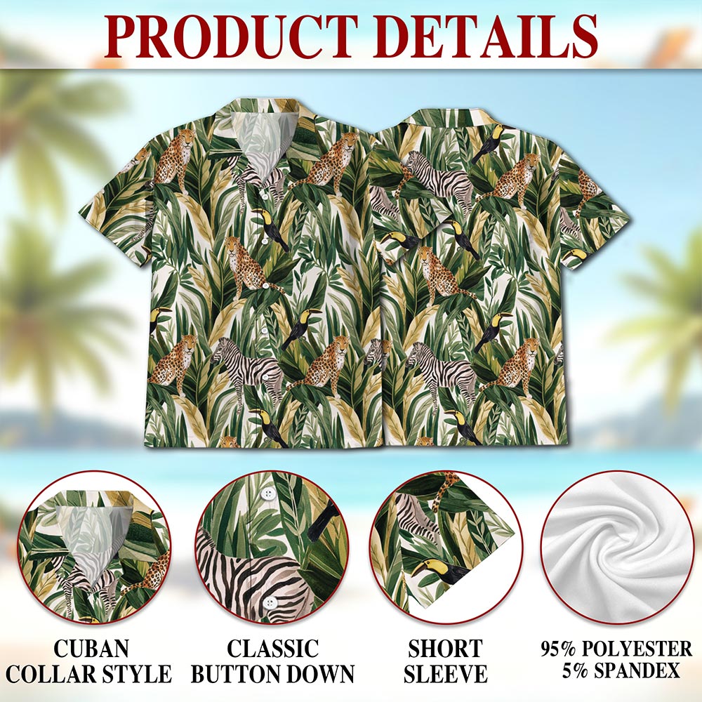 Tropical Summer Wild Animals Plants Hawaiian Shirt for Men, Button Down Aloha Shirt - Azhawaiian