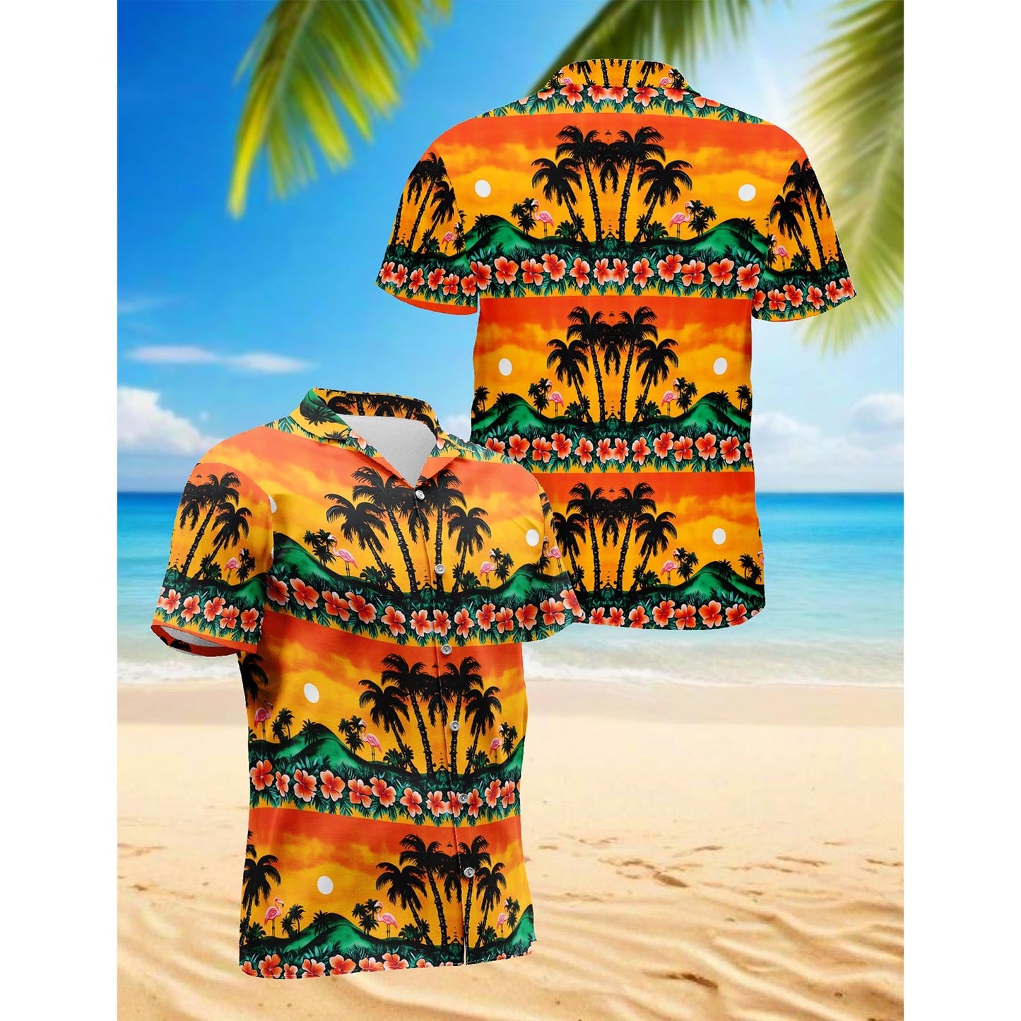 Tropical Sunset Flamingo Hawaiian Shirt for Men, Button Down Aloha Shirt - Azhawaiian