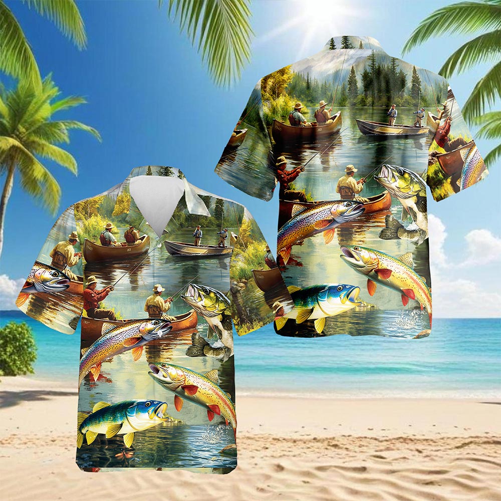 Trout Fishing Hawaiian Shirt for Men, Button Down Aloha Shirt - Azhawaiian