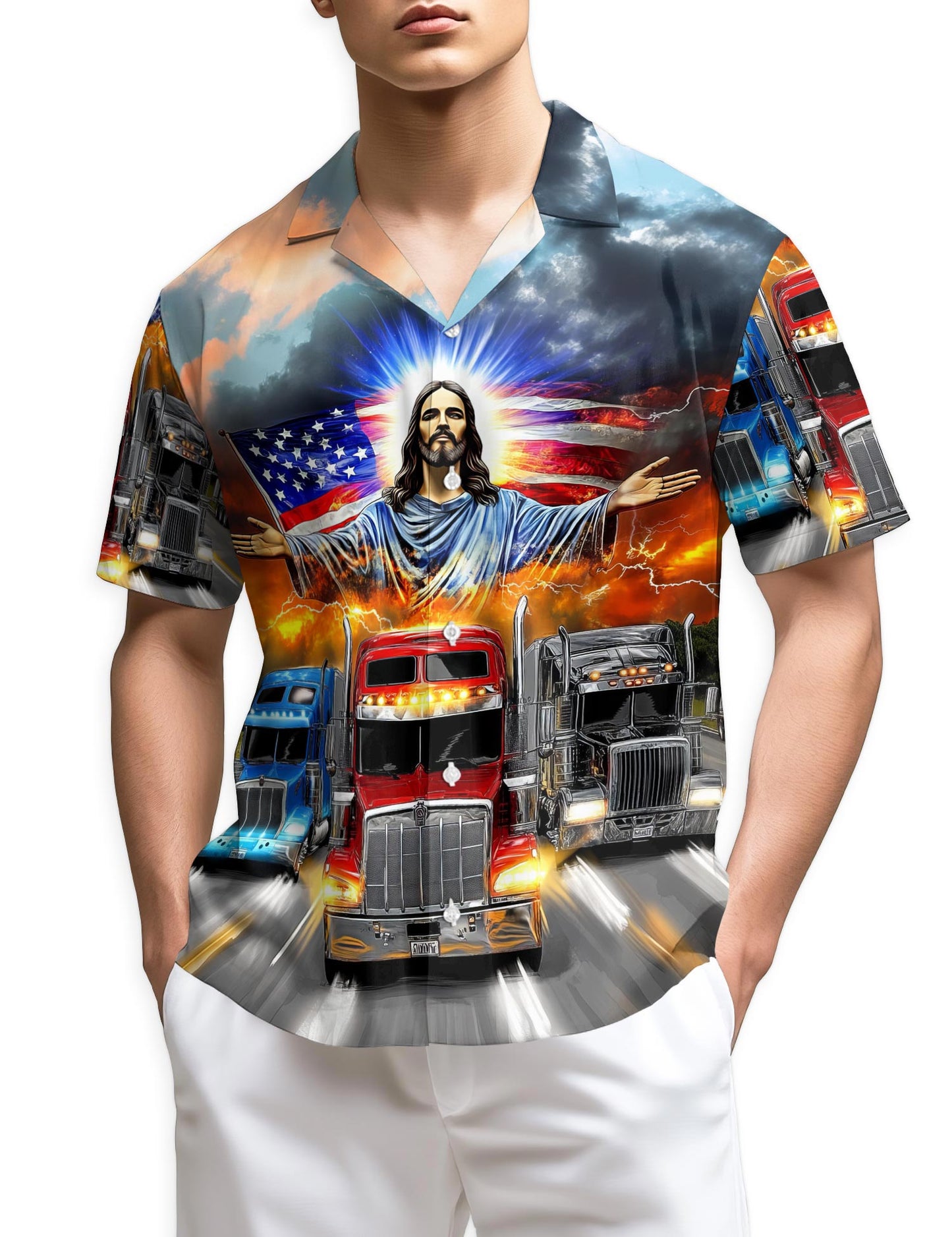 Azhawaiian Truck Driver Jesus Bless Hawaiian Shirt for Men