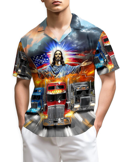 Azhawaiian Truck Driver Jesus Bless Hawaiian Shirt for Men