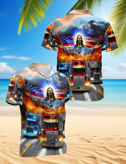 Truck Driver Jesus Bless Hawaiian Shirt for Men, Button Down Aloha Shirt - Azhawaiian