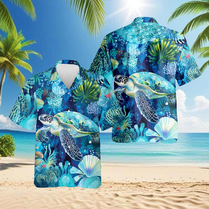 Turtle Coral Hawaiian Shirt for Men, Button Down Aloha Shirt - Azhawaiian