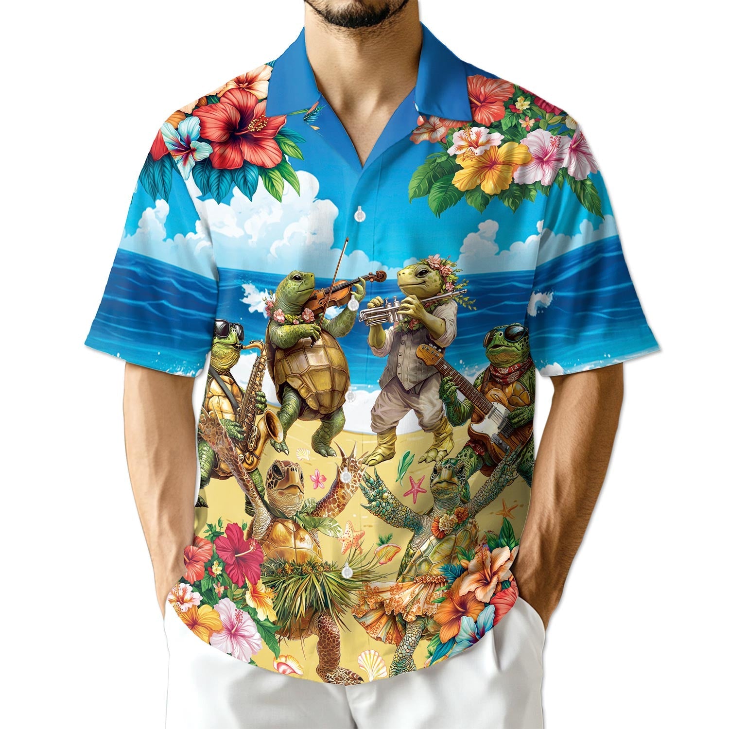 Azhawaiian Turtle Playing Musical Instrument Hawaiian Shirt for Men