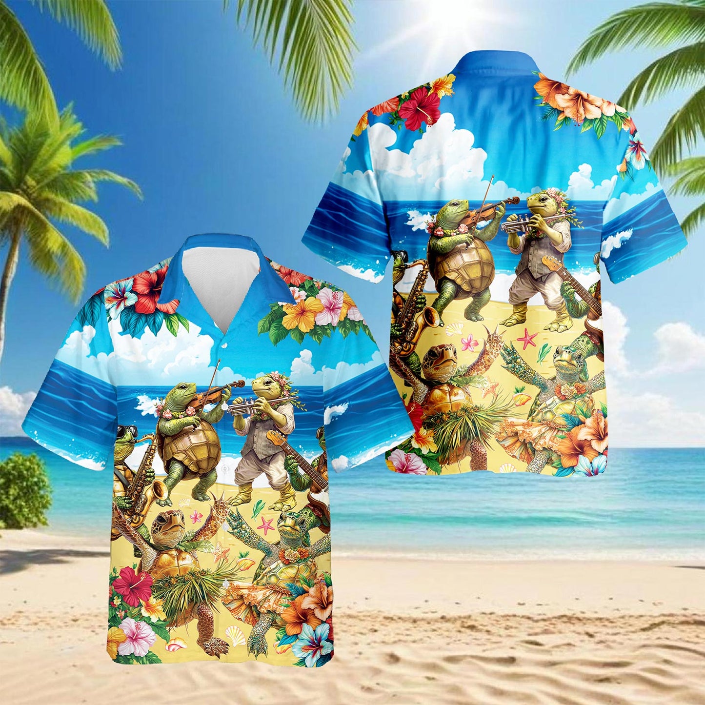 Turtle Playing Musical Instrument Hawaiian Shirt for Men, Button Down Aloha Shirt - Azhawaiian