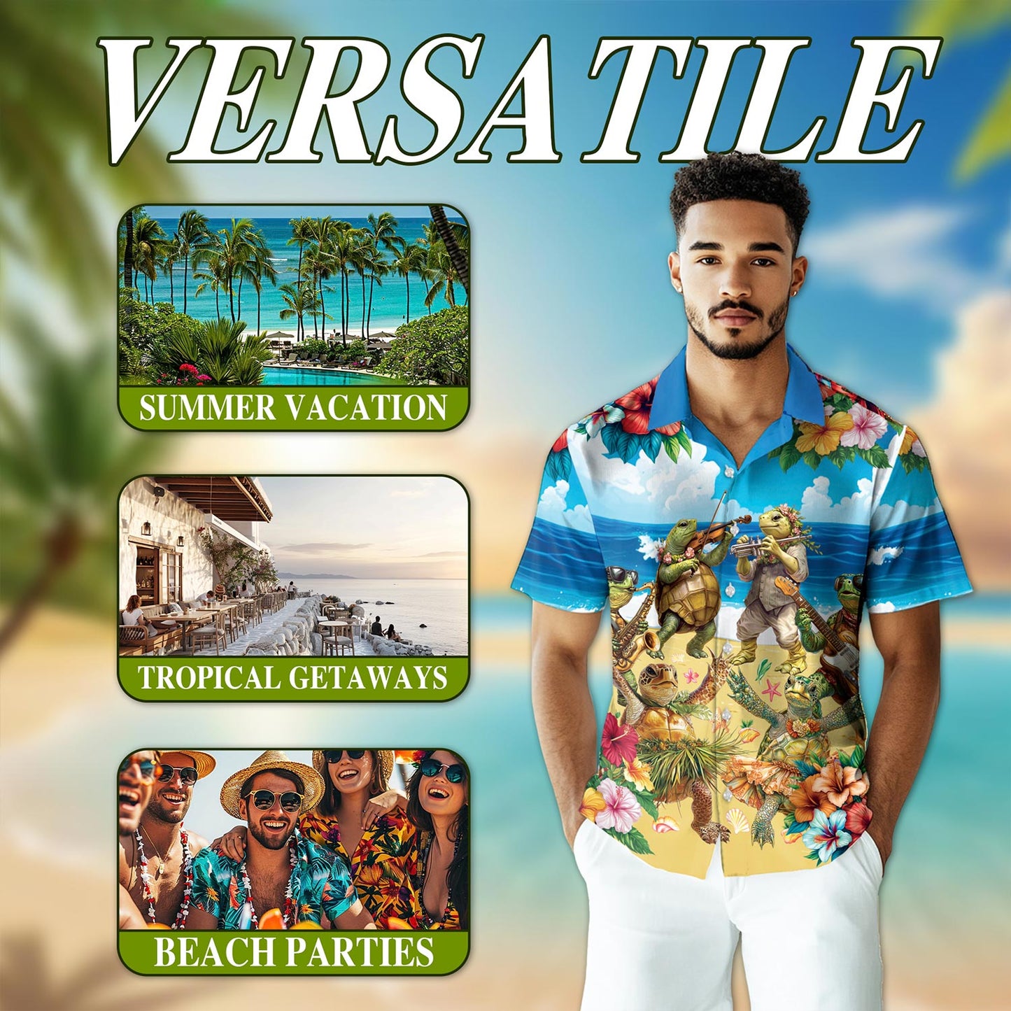 Turtle Playing Musical Instrument Hawaiian Shirt for Men, Button Down Aloha Shirt - Azhawaiian