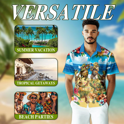 Turtle Playing Musical Instrument Hawaiian Shirt for Men, Button Down Aloha Shirt - Azhawaiian