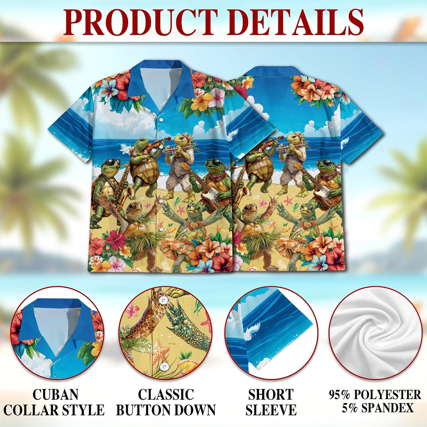 Turtle Playing Musical Instrument Hawaiian Shirt for Men, Button Down Aloha Shirt - Azhawaiian