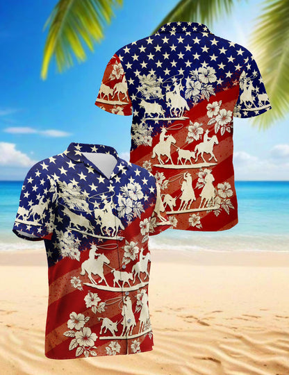 US Team Roping Hawaiian Shirt for Men, Button Down Aloha Shirt - Azhawaiian