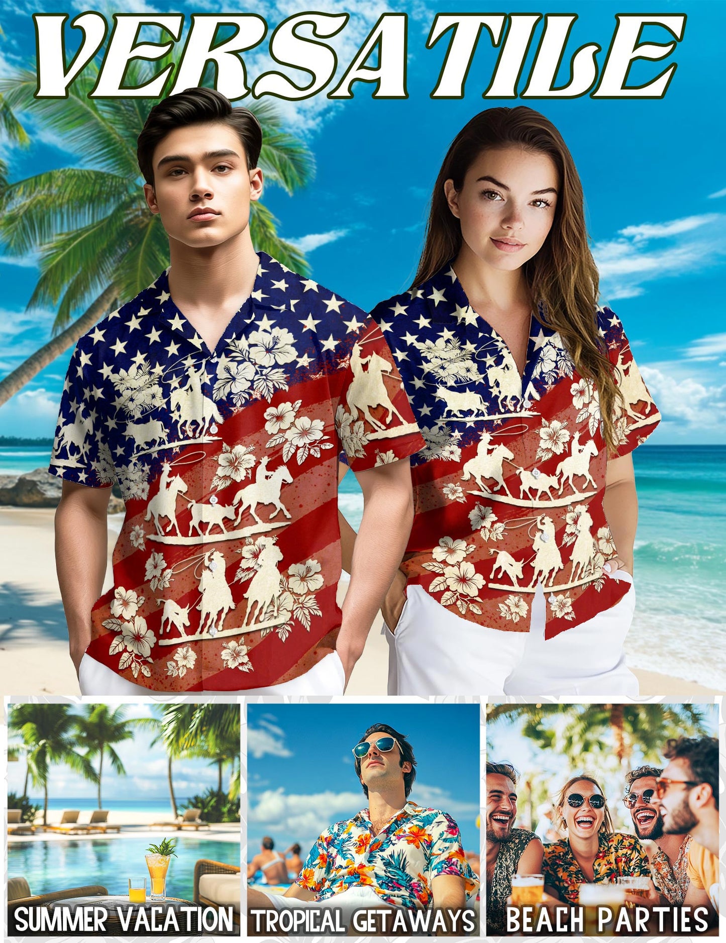 US Team Roping Hawaiian Shirt for Men, Button Down Aloha Shirt - Azhawaiian