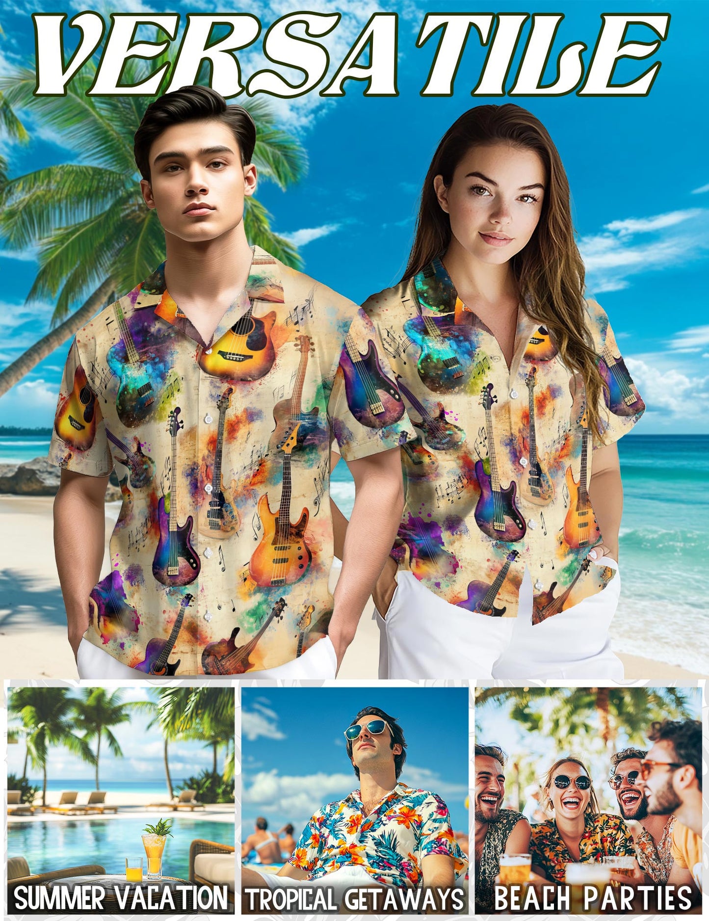 Vintage Bass Guitar Hawaiian Shirt for Men, Button Down Aloha Shirt - Azhawaiian