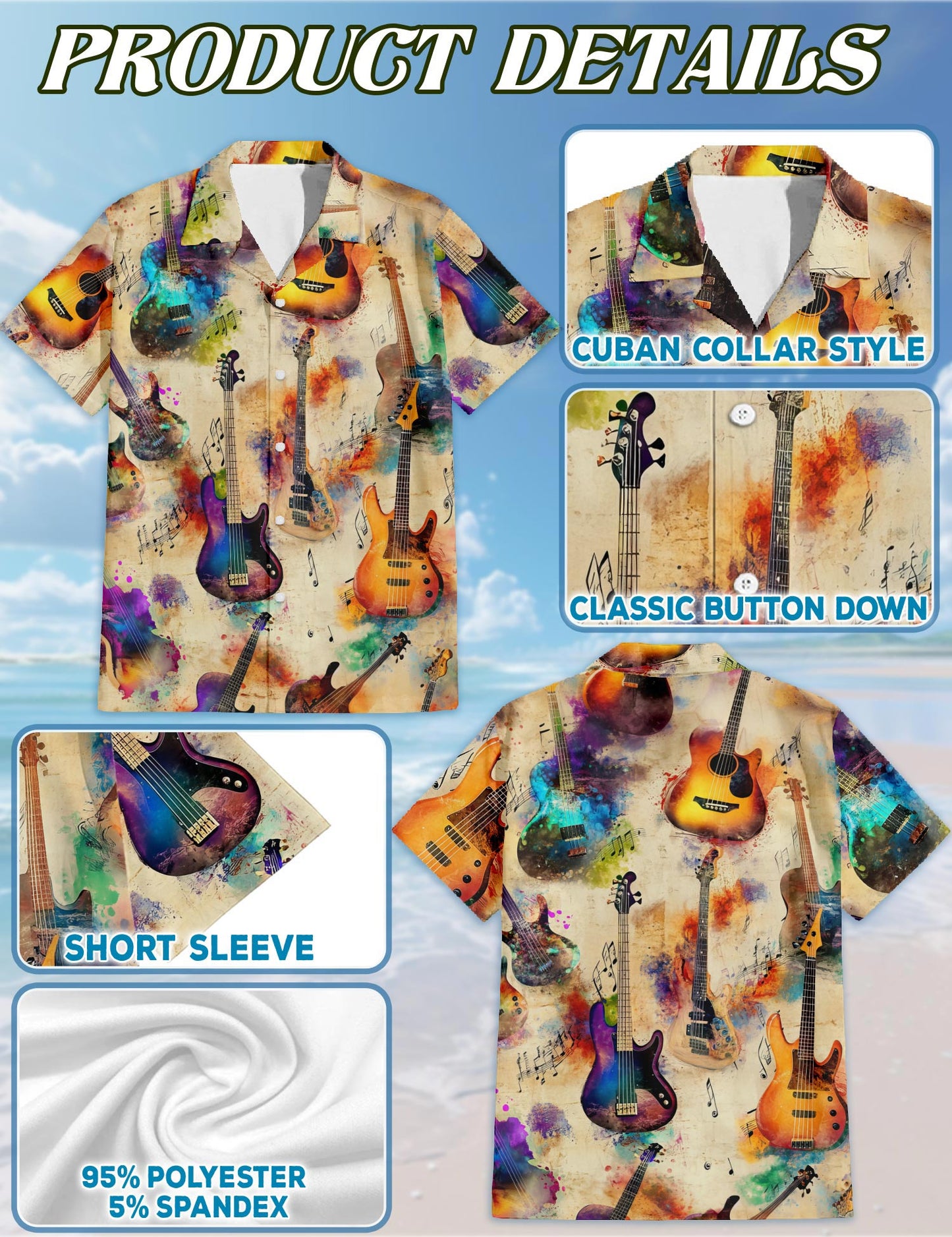 Vintage Bass Guitar Hawaiian Shirt for Men, Button Down Aloha Shirt - Azhawaiian