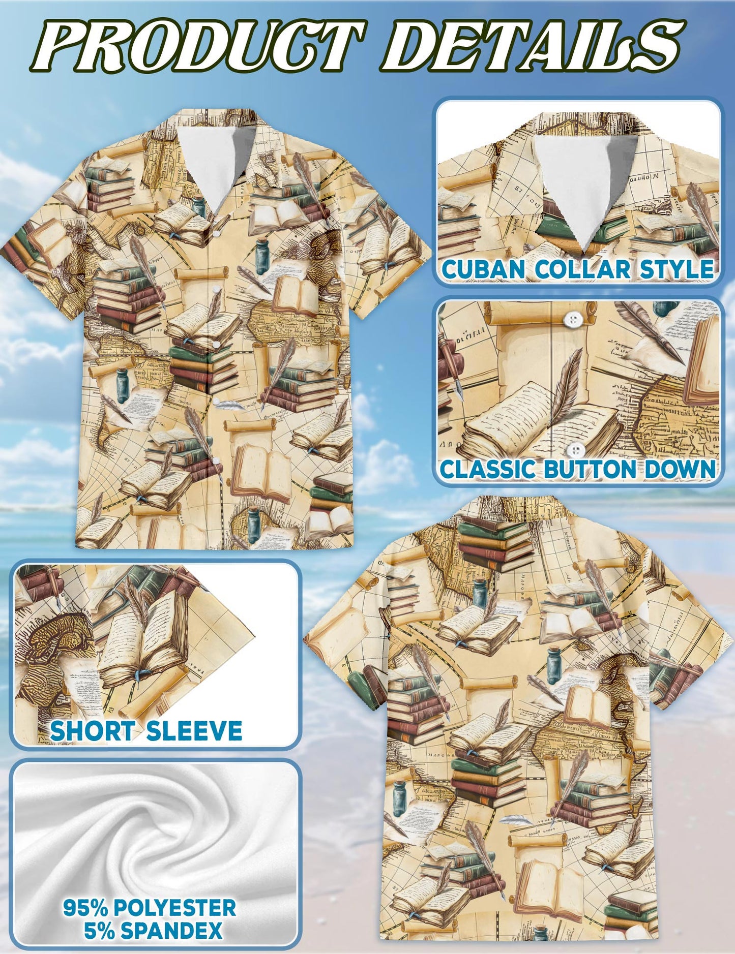 Vintage Book Hawaiian Shirt for Men, Button Down Aloha Shirt - Azhawaiian