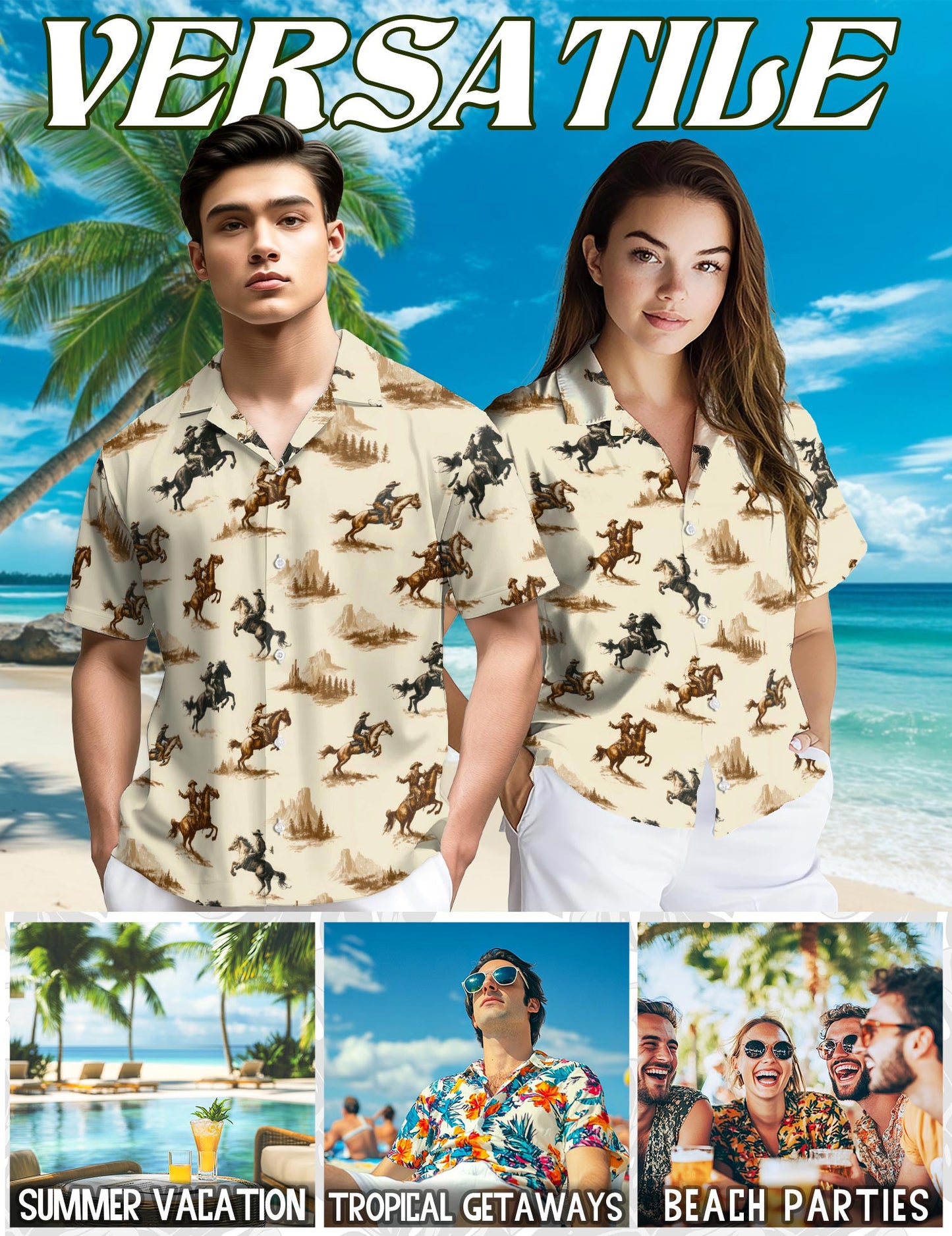 Vintage Cowboy Hawaiian Shirt for Men, Button Down Aloha Shirt - Azhawaiian