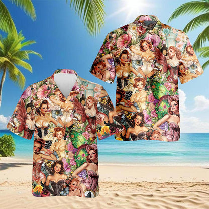 Vintage Dancer Pinup Carnival Hawaiian Shirt for Men, Button Down Aloha Shirt - Azhawaiian