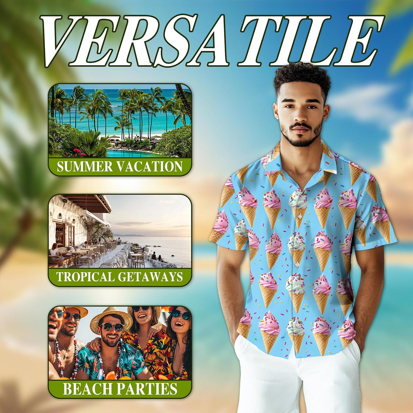 Vintage Ice Cream Hawaiian Shirt for Men, Button Down Aloha Shirt - Azhawaiian