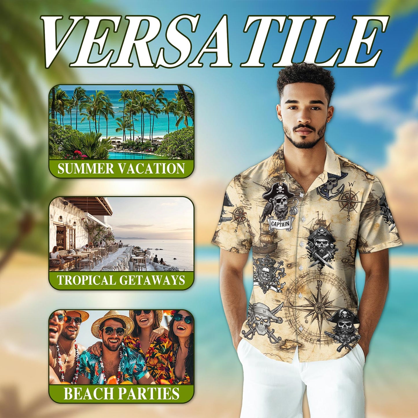 Vintage Pirate Skull Hawaiian Shirt for Men, Button Down Aloha Shirt - Azhawaiian