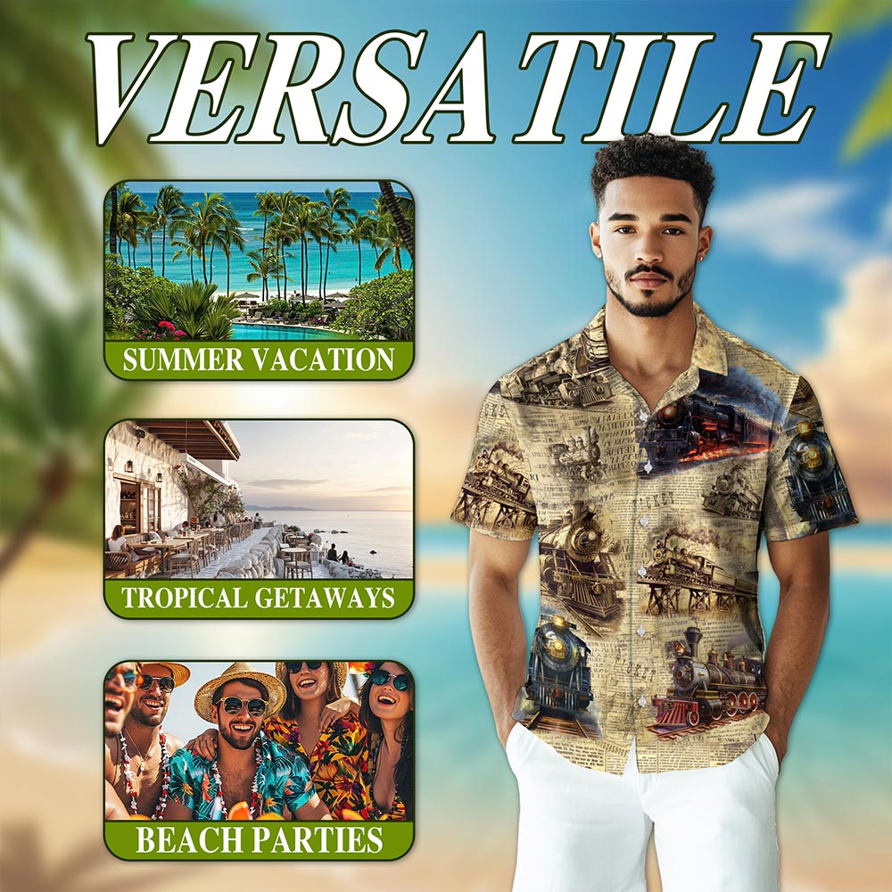 Vintage Train Hawaiian Shirt for Men, Button Down Aloha Shirt - Azhawaiian