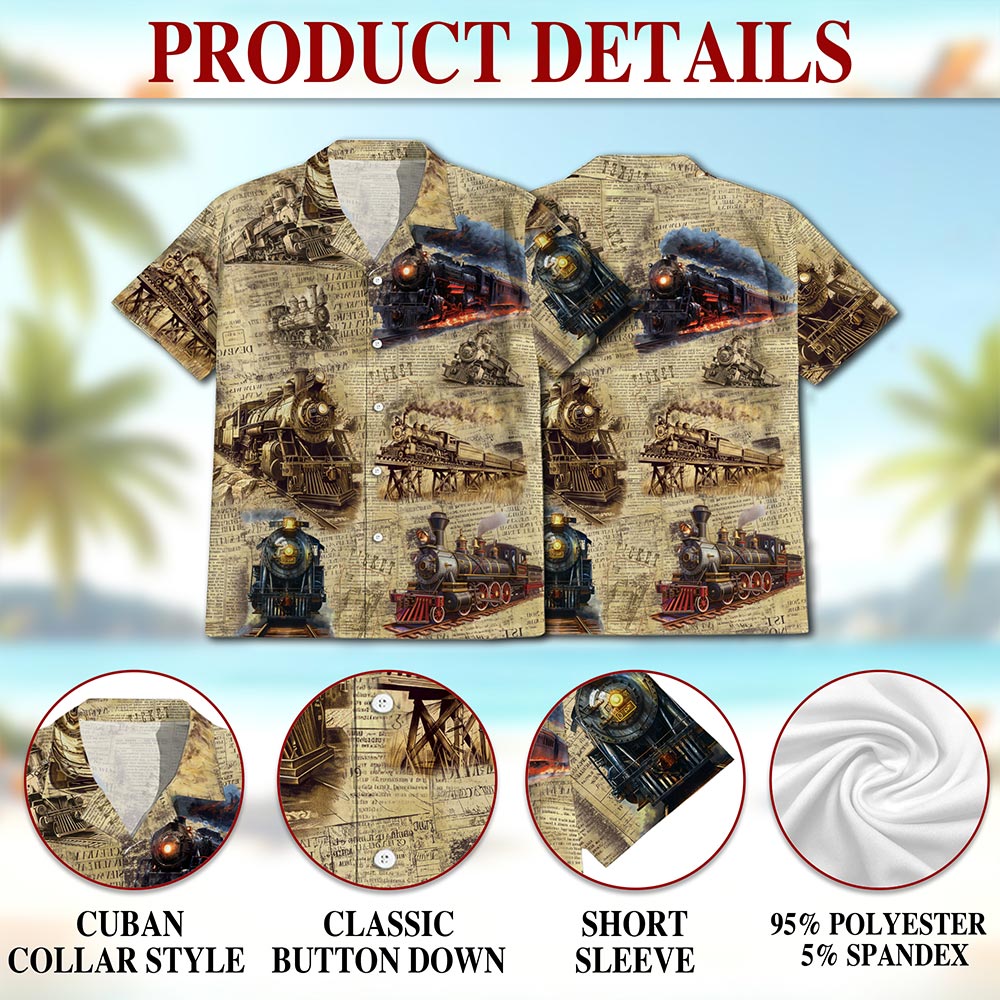 Vintage Train Hawaiian Shirt for Men, Button Down Aloha Shirt - Azhawaiian