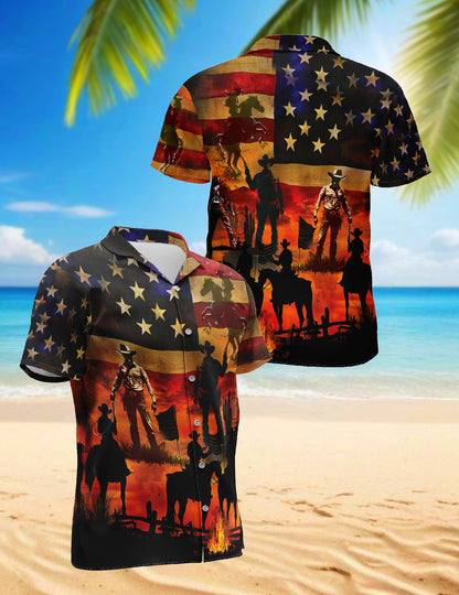 Vintage Western Cowboy Sunset Hawaiian Shirt for Men, Button Down Aloha Shirt - Azhawaiian