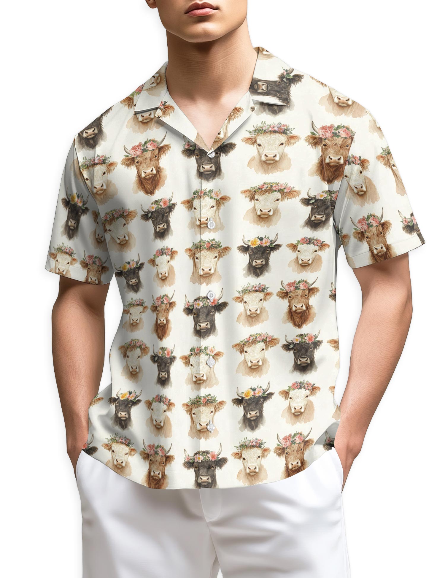 Azhawaiian Watercolor Highland Cows Hawaiian Shirt for Men