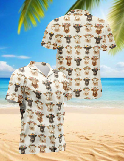 Watercolor Highland Cows Hawaiian Shirt for Men, Button Down Aloha Shirt - Azhawaiian