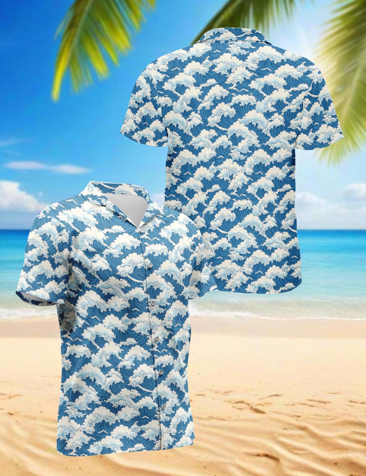 Wave Japan Style Hawaiian Shirt for Men, Button Down Aloha Shirt - Azhawaiian