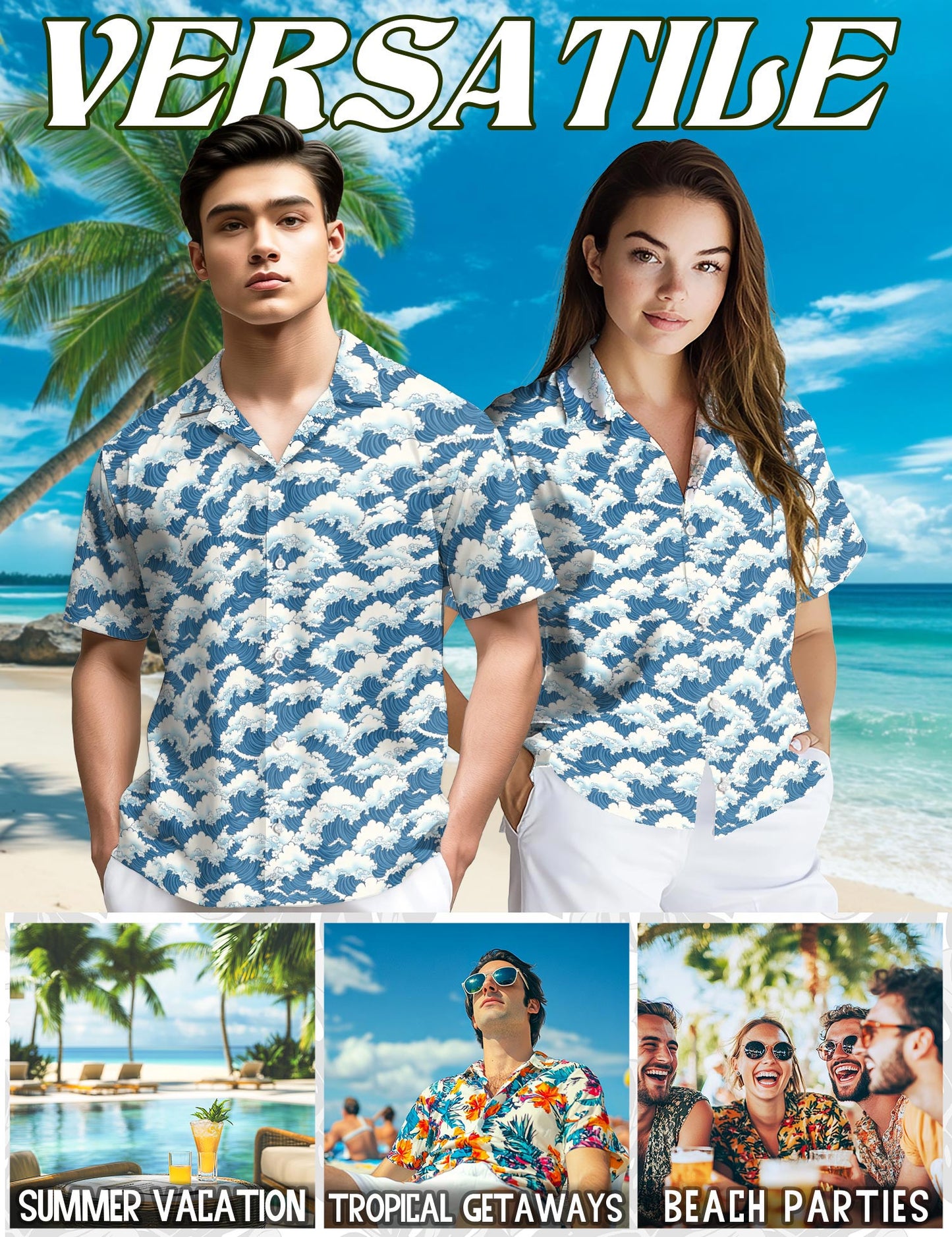 Wave Japan Style Hawaiian Shirt for Men, Button Down Aloha Shirt - Azhawaiian